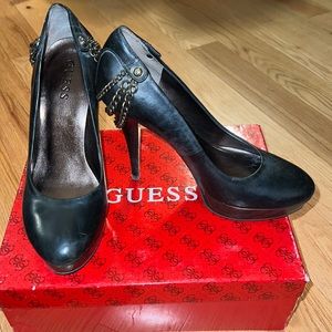 Black Leather Guess Heels with Chain Detail
